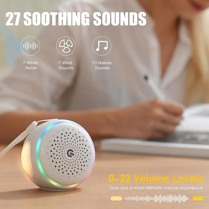 White Noise Sound Machine, Portable Sound Machine with 27 Soothing Sounds for Baby Adults Kids Sleep, 5 Timers & 8 Colors Night Light & Rechargeable Battery, Sound Therapy for Travel Office Home Gift