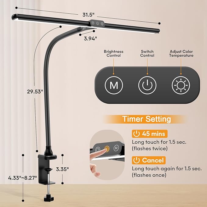 Hokone Desk Lamps for Home Office, 31.5" Wide Architect Desk Lamp with Clamp, Tall Office Lamp Dimmable, Black Desk Light with Timer, Bright Gooseneck Lamp for Workbench/Desktop