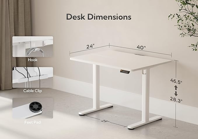 Electric Standing Desk, Adjustable Height Stand up Desk, 40x24 Inches Sit Stand Home Office Desk with Splice Board, White Frame/White Top