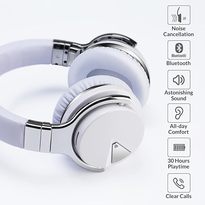 Silensys E7 Active Noise Cancelling Headphones Bluetooth Headphones with Microphone Deep Bass Wireless Headphones Over Ear, Comfortable Protein Earpads, 30 Hours Playtime for Travel/Work, White