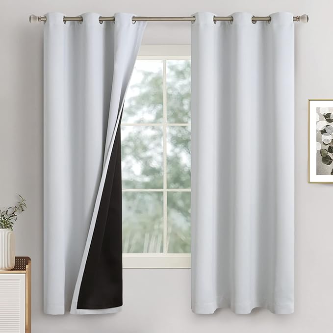 100% Blackout Curtains 63 Inch Length for Bedroom 2 Panels, Bedroom Curtains Thermal Insulated Light Blocking Soundproof Grommet Room Darkening Window Curtains, Each 42 Inch Wide, Greyish White