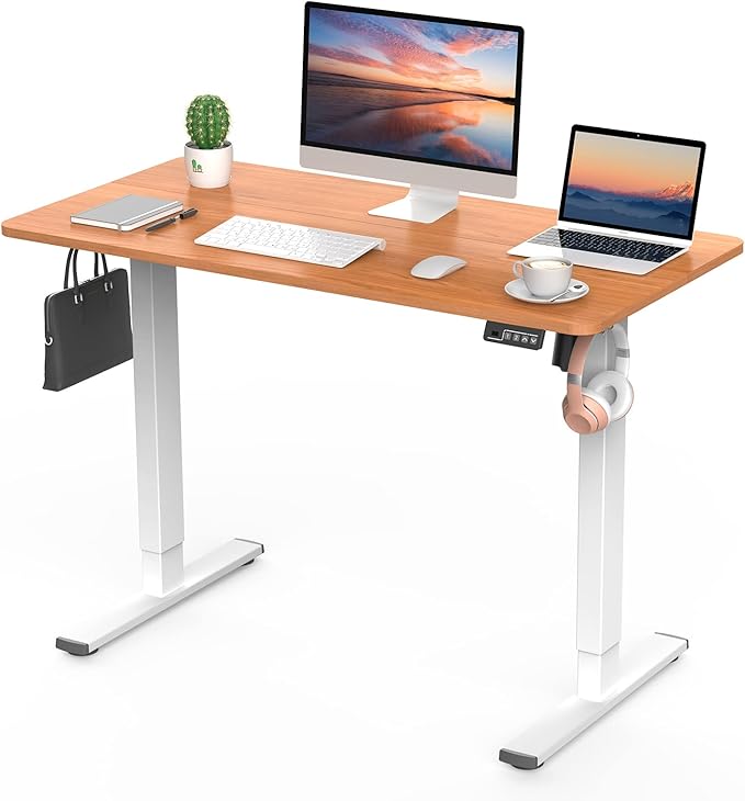 Electric Standing Desk, 43.3" x 23.6" Height Adjustable Sit Stand Desk with Splice Board for Home Office, Computer Desk Memory Preset (White Frame, Cherry Desktop)