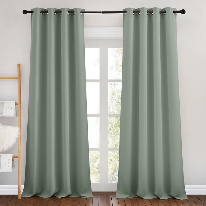 NICETOWN Blackout Living Room Curtains 90 inches Long - Energy Saving Thermal Insulated Sound Dampening Grommet Room Darkening Window Treatments for Bedroom (Sage Green, 2 Panels, W46 x L90)