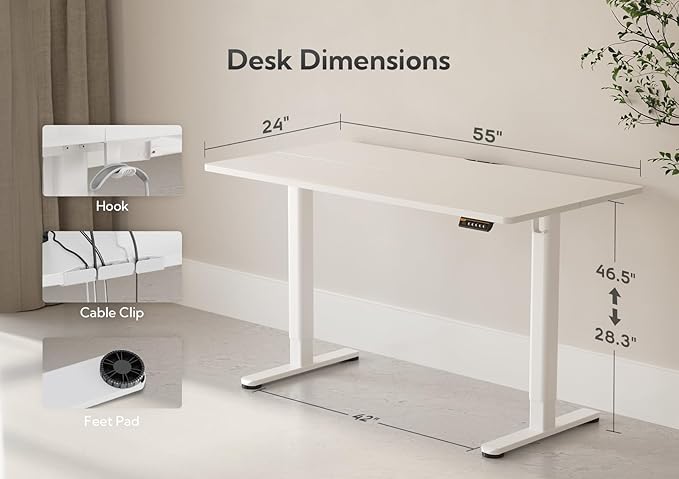 Electric Standing Desk, Adjustable Height Stand up Desk, 55x24 Inches Sit Stand Home Office Desk with Splice Board, White Frame/White Top