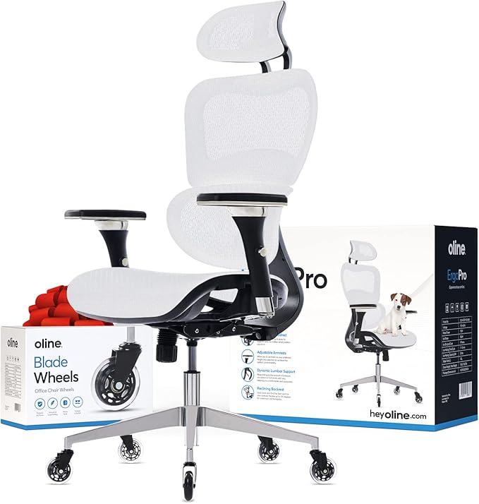 Oline ErgoPro Ergonomic Office Chair - Rolling Desk Chair with 4D Adjustable Armrest, 3D Lumbar Support and Blade Wheels - Mesh Computer Chair, Gaming Chairs, Executive Swivel Chair (White)