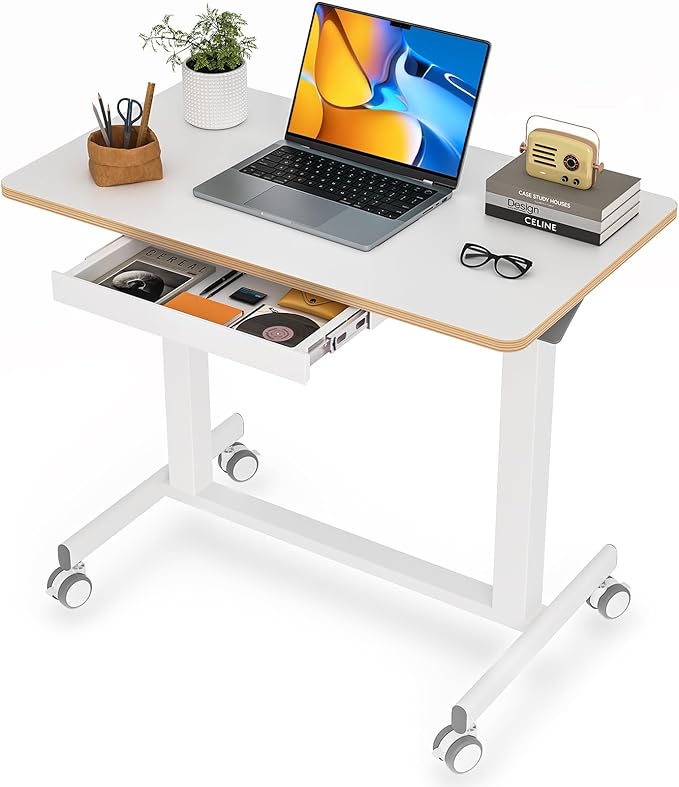 JOY worker Mobile Standing Desk, 35In Small Standing Desk with Drawer, Pneumatic Height Adjustable Rolling Desk Holds Up to 33lbs, White Mobile Laptop Desk with Dual Handles & Columns