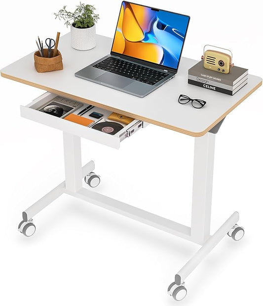 JOY worker Mobile Standing Desk, 35In Small Standing Desk with Drawer, Pneumatic Height Adjustable Rolling Desk Holds Up to 33lbs, White Mobile Laptop Desk with Dual Handles & Columns