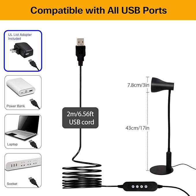 LED Desk Lamp, 3 Lighting Modes and 6 Brightness Levels, 10W Flexible Gooseneck Table Lamp for Living Room and Study, Remote Control with Timing Function, AC Adapter Included (Black)