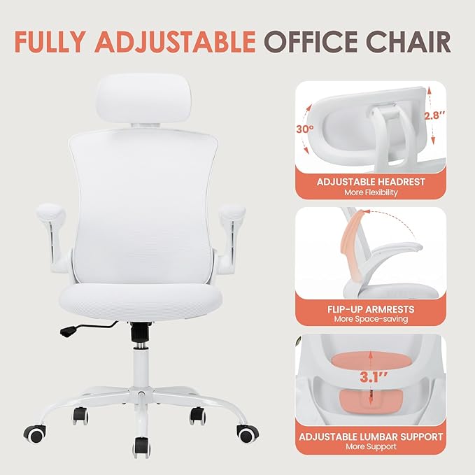 Ergonomic Mesh Office Chair, High Back Executive Desk Chair with Adjustable Headrest and Lumbar Support, Flip-Up Arms, Rocking, Swivel Rolling Computer Mesh Chair for Home Office-White