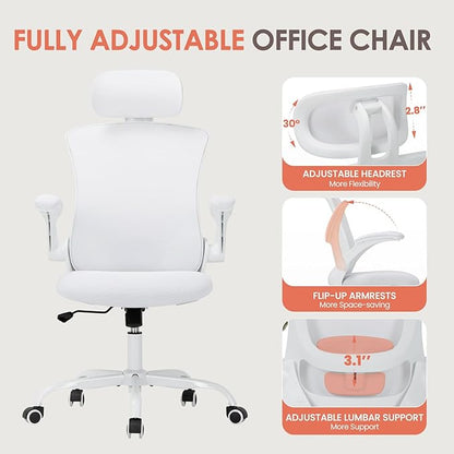 Ergonomic Mesh Office Chair, High Back Executive Desk Chair with Adjustable Headrest and Lumbar Support, Flip-Up Arms, Rocking, Swivel Rolling Computer Mesh Chair for Home Office-White