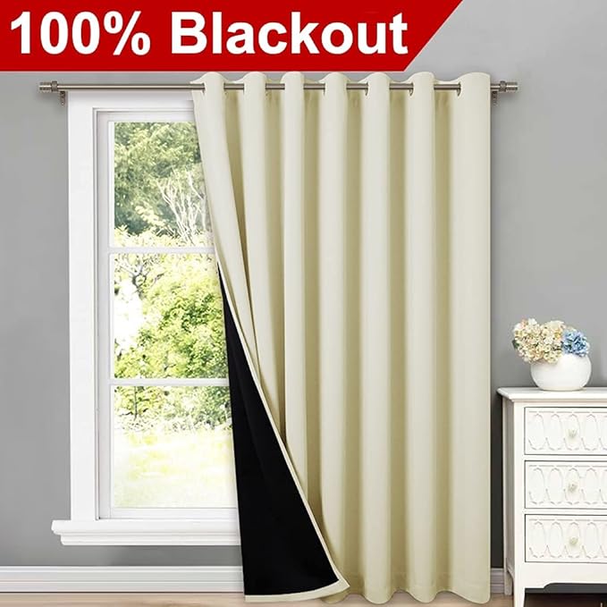 NICETOWN Thermal Insulated 100% Blackout Curtains, Noise Reducing Performance Slider Curtain Panel with Black Lining, Full Light Blocking Patio Door Drapery (Beige, 1 PC, 100-inch x 84-inch)