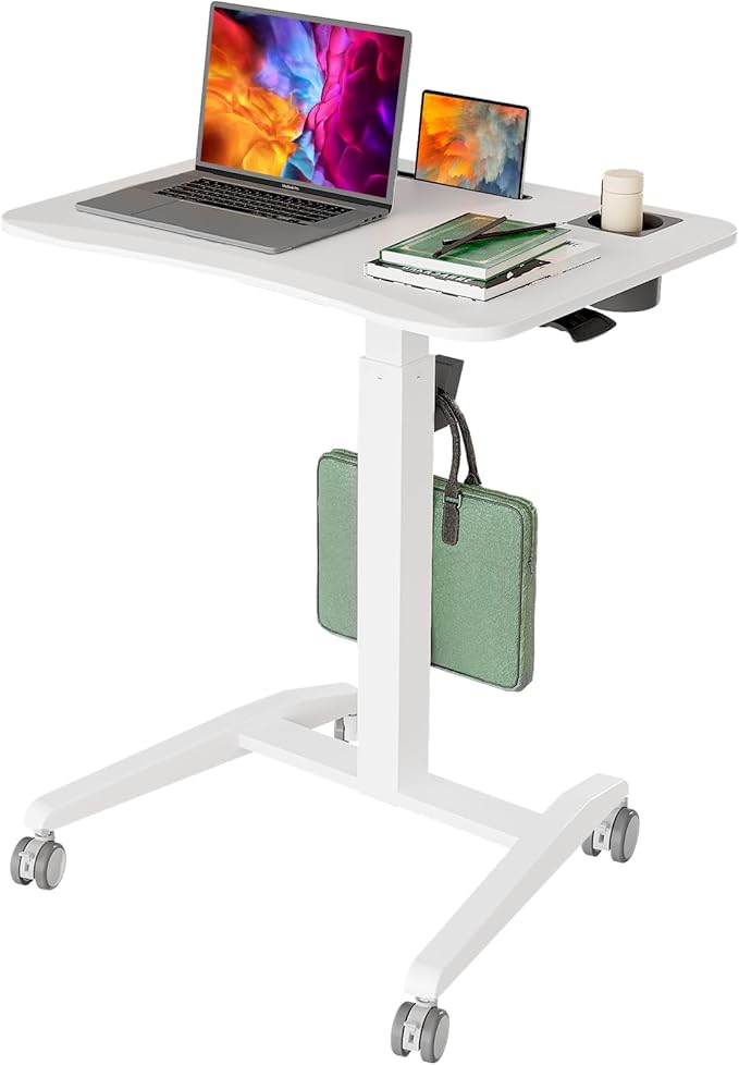 Mobile Standing Desk, Height Adjustable Rolling Laptop Desk, 27 inches Portable Sit Stand Desk with Wheels and Hook, Pneumatic Computer Table, White