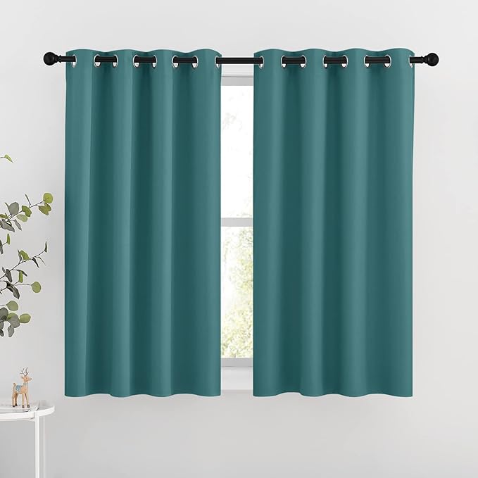 NICETOWN Blackout Curtains for Kids Room - Triple Weave Microfiber Home Thermal Insulated Solid Ring Top Blackout Panels/Drapes for Bedroom(Sea Teal, Set of 2, 46 x 54 Inch)