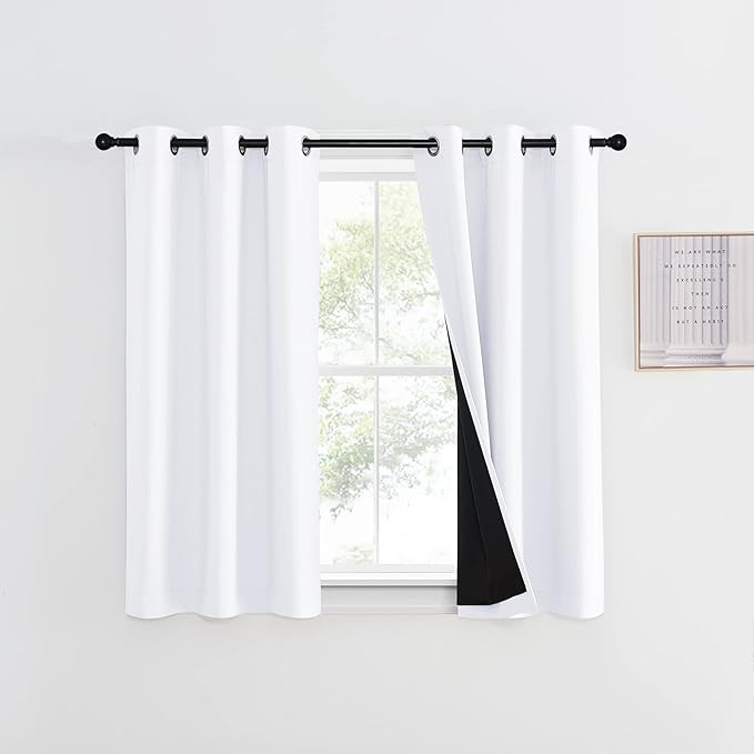 NICETOWN White 100% Blackout Curtain 45 inches Long, 2 Thick Layers Completely Blackout Window Treatment Thermal Insulated Lined Drape for Small Window (1 Panel, 42 inches Width Each Panel)