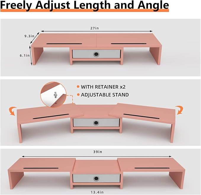 WESTREE Dual 3 Shelf Computer Riser with Drawer, Adjustable Length and Angle, Desktop 2 Monitor Stand Storage Organizer