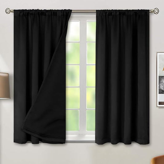 BGment Black Blackout Curtains for Bedroom 2 Panels, Rod Pocket Bedroom Curtains Double Layer 100% Room Darkening Thermal Insulated Window Curtains with Black Liner, Each 52 x 45 Inch