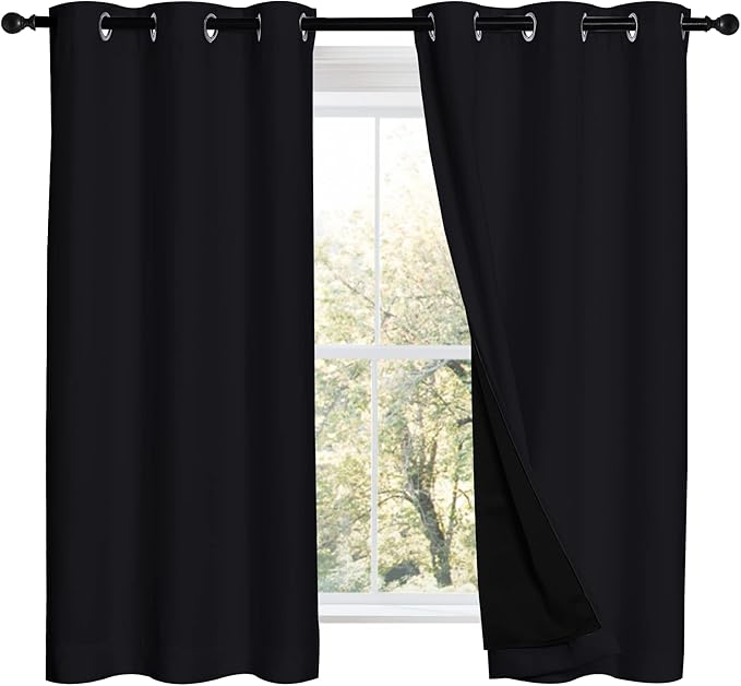 NICETOWN Black Out Curtains 54 inches Length Set of 2, 2 Thick Layers Completely Blackout Window Treatment Thermal Insulated Lined Drapes for Basement Window (42 inches Width Each Panel)