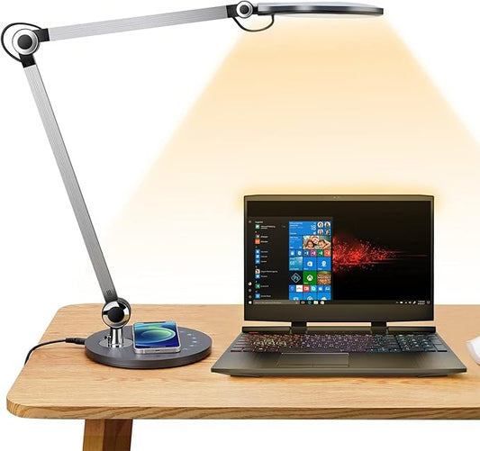 Desk Lamp,Led Architect Desk Lamp,Desk Lamps for Home Office,Table lamp with Wireless Charger & Adjustable Swing Arm,Touch Control, 3 Lighting Mode,5 Brightness,Eye-Caring Office Lamp