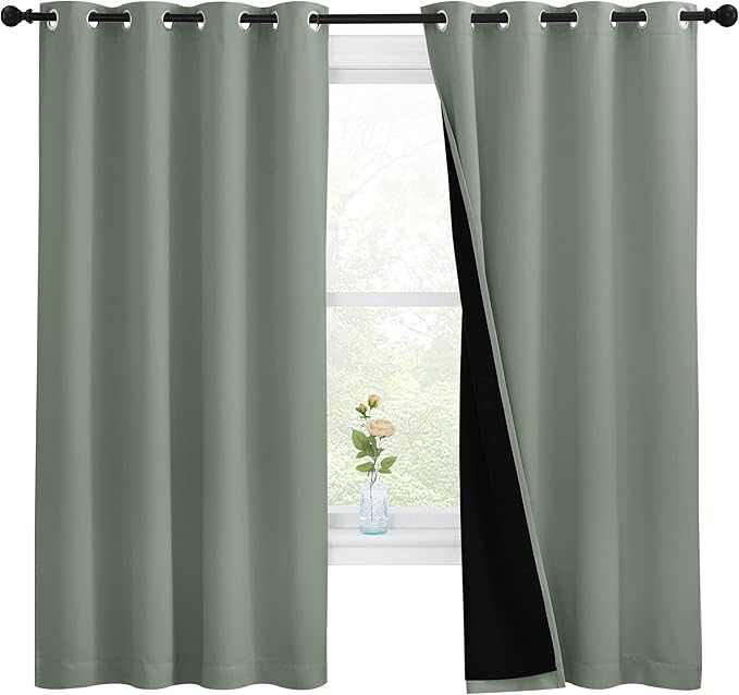 NICETOWN Greyish Green 100% Blackout Lined Curtains, 2 Thick Layers Completely Blackout Window Treatment Thermal Insulated Drapes for Kitchen/Bedroom (1 Pair, 55-inch Width x 68-inch Length per Panel)