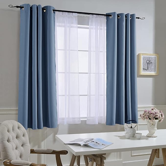 NICETOWN Short Window Curtains 45" L for Kitchen - Grommet Sunlight Reducing Solid Vertical Curtains and Drapes for Cafe & Home Office, Stone Blue, 52" Wide Per Panel, 1 Pair