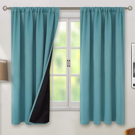 BGment Thermal Insulated 100% Blackout Curtains for Bedroom with Black Liner, Double Layer Full Room Darkening Noise Reducing Rod Pocket Curtain (42 x 63 Inch, Sea Teal, 2 Panels)