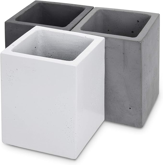 MyGift Modern Gray-Tone Concrete Desktop Pencil Holder Cup and Pen Holder, Office Stationery Organizer, Set of 3