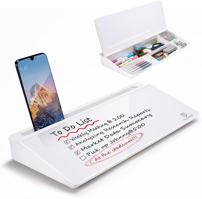 Small Glass Desktop Whiteboard Dry-Erase-Board - Computer Keyboard Stand White Board Surface Pad with Drawer, Desk Organizers with Accessories for Office, Home, School Supplies