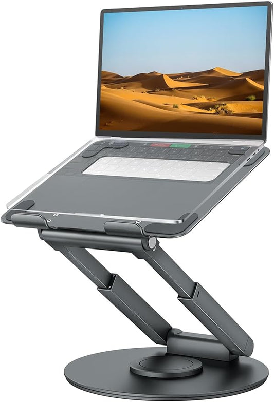 tounee Telescopic Laptop Stand for Desk with 360° Swivel Base, Sit to Stand, Height Adjustable, Portable Riser Holder for Good Posture, Compatible with MacBook Pro, All Laptops 10-17"-Gray