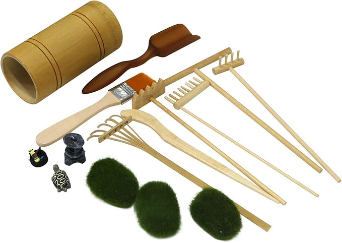 Mini Zen Garden Rake Tool - Tabletop Meditation Rock Sand Garden Kits with Moss Rakes Brusher Spoon Figurines Holder