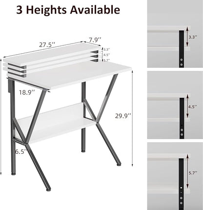 COTUBLR Small Desk, Small Computer Desk for Small Spaces, 27.5 Inch Computer Desk with Adjustable Monitor Stand, Compact Desk with Storage for Bedroom Home Office, White Tabletop+Black Frame