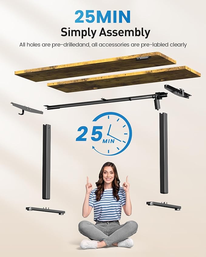 Sit Stand Desk Adjustable Height 48"× 24" Memory Computer Stand Up Desk for Home Office Study Table with Hook, Rustic Brown