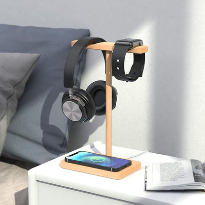 Headphone Stand Wood for Desk with Wireless Charger Gaming Headset Stand Holds Dual Universal VR Headset and Smart Watch,Support 15W Fast Charging, Type-C Cord Included, Beech