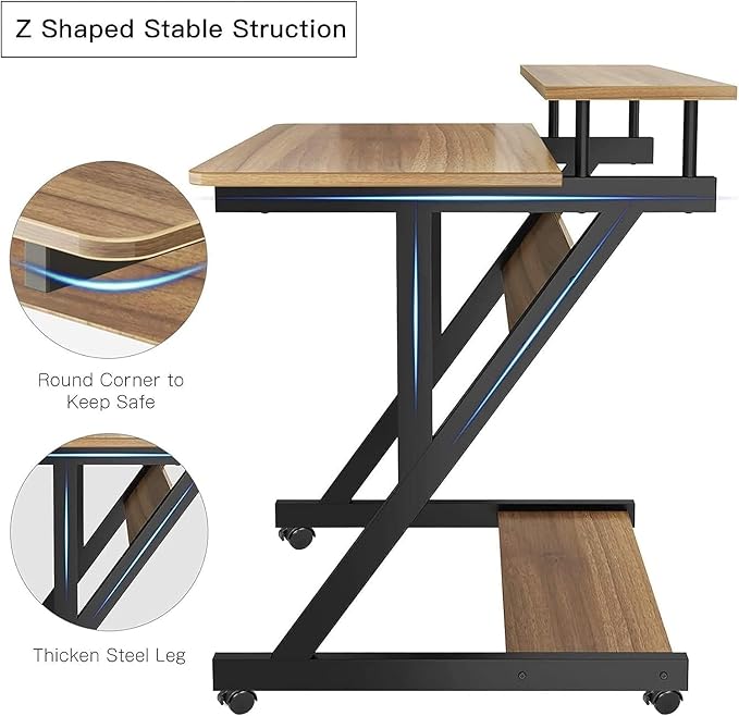 Dripex Computer Desk for Small Spaces, Z Shaped Small Computer Desk, 27.5 inch Compact Desk with Monitor Shelf and Bottom Storage Shelves, Space Saving Desk, Walnut