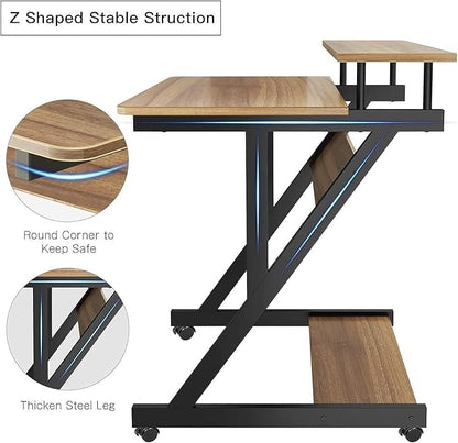 Dripex Computer Desk for Small Spaces, Z Shaped Small Computer Desk, 27.5 inch Compact Desk with Monitor Shelf and Bottom Storage Shelves, Space Saving Desk, Walnut