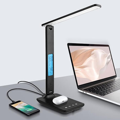 LAOPAO Desk Lamp with Wireless Charger: USB Charging Port, Table Lamp with Clock, Desk Lamps for Home Office College Dorm Room Essentials