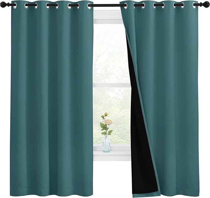 NICETOWN 100% Blackout Curtain Panels, Thermal Insulated Black Liner Curtains for Nursery Room, Noise Reducing and Cold Blocking Drapes for Windows (Set of 2, Sea Teal, 55-inch Wide by 68-inch Long)