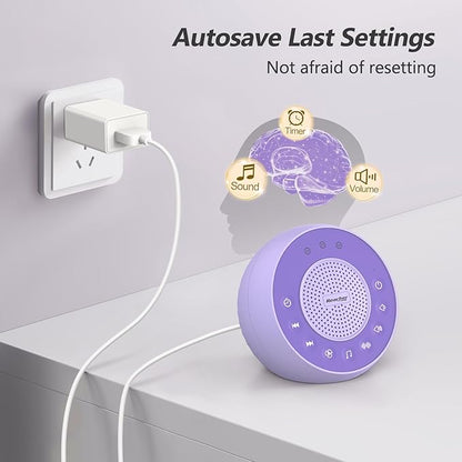 REACHER Sound Machine for Adult, Baby, 31 Non-looping Soothing Sounds, White/Brown/Pink Noise for Sleeping, 3 Auto-Off Timer, Loud Stereo Sound, 25-Level Volume, Memory Function, Travel(Purple)