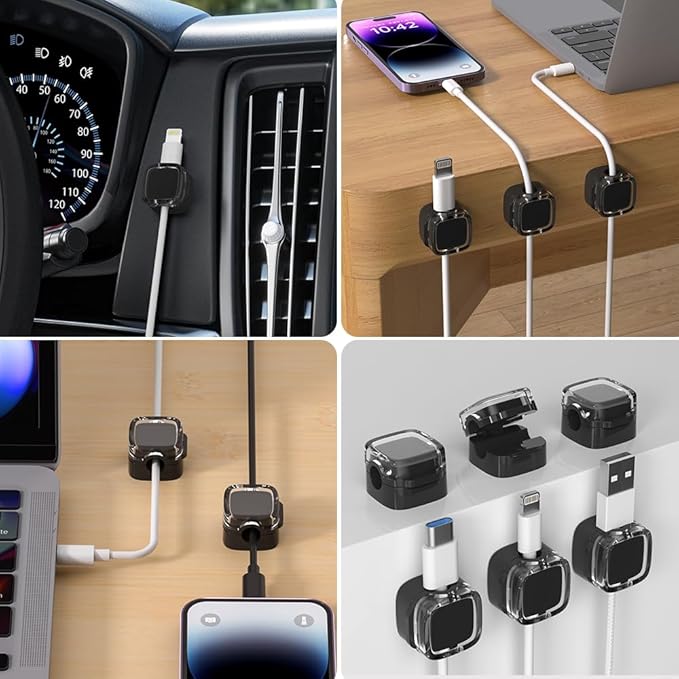 9-Pack Magnetic Cable Clips, Adjustable Cord Holder for Under Desk Cable Management, Adhesive Wire Keeper Organizer for Home Office Desk Phone PC Car Wall Desktop Nightstand Appliance (Black Crystal)