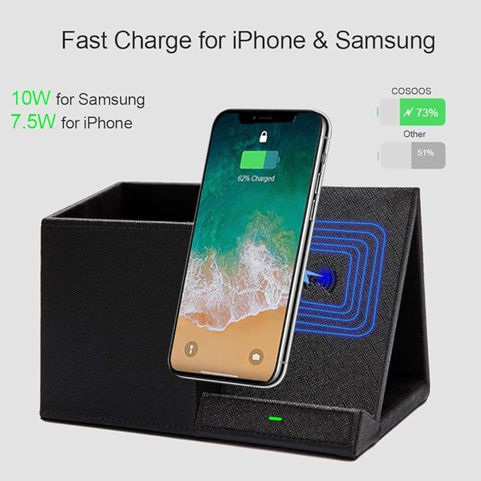 COSOOS Fast Wireless Charger with Desk Organizer, Desk Phone Charger Compatible with 15/15 Pro/15 Pro Max/14/13/12/11/XS/8 Plus, Galaxy S21/S20+/S10/Note 10/Note 9/(No AC Adapter)