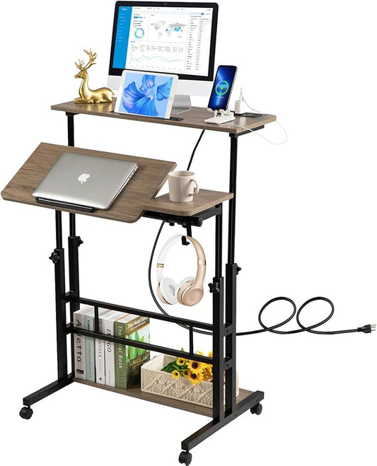 Hadulcet Stand Up Desk, Rolling Desk Adjustable Height, Mobile Standing Desk with Wheels & Charging Station Grey or Rustic Brown