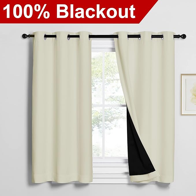 NICETOWN Warm Curtains for Winter, Bedroom Full Blackout Curtain Panels, Great Job for Blocking Light, Complete Blackout Draperies with Black Liner for Night Shift (Beige, Set of 2, 42 by 54-inch)