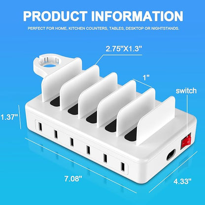 CREATIVE DESIGN Charging Station for Multiple Devices,50W 6 Ports Charging Dock with 6 Cables Compatible with Cellphone,Tablet, Kindle, Apple Watch and Other Electronic