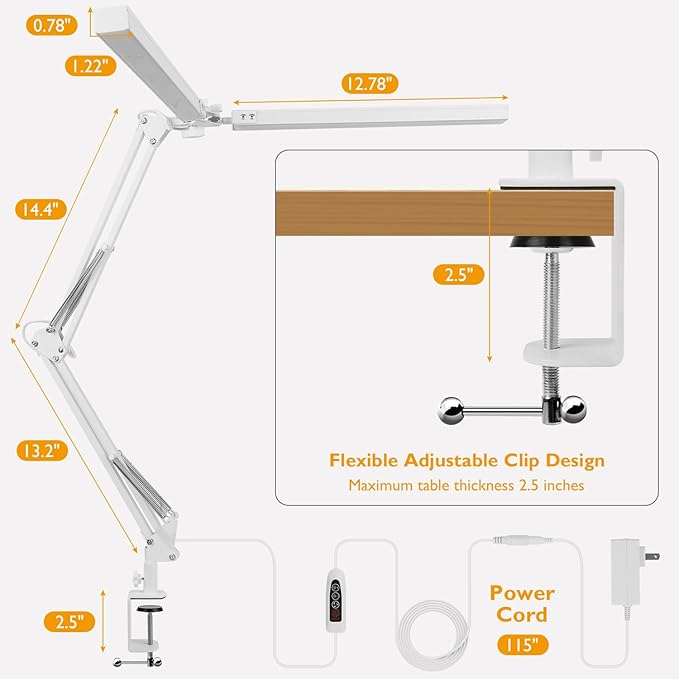 LED Desk Lamp with Clamp, Super Bright Double Head Desk Lamps for Home Office, 5 Color Modes, 10%~100% Dimmable Brightness, Architect Task Desk Light, Modern Swing Arm Workbench Desk Lighting