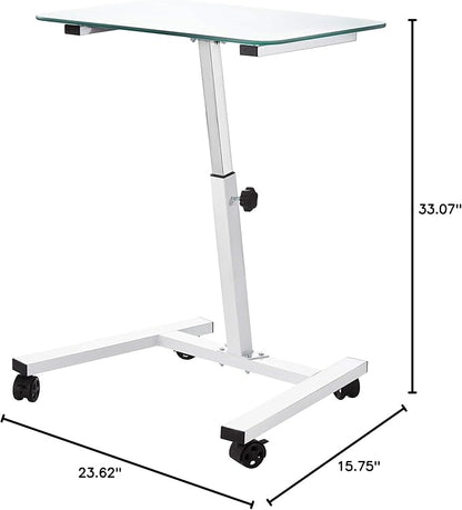 Seville Classics Airlift Mobile Height Adjustable Laptop Stand Computer Workstation for Sitting Classroom Home Office Medical Table w/Wheels, Tempered Glass (24"), White