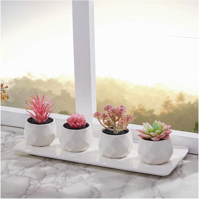 CADNLY Fake Succulent Plant Set - Artificial Succulent Plants for Women Desk - Realistic Faux Succulents in Ceramic Pots - Mini Pink Decor for Bedroom Bathroom Office Shelf Decor