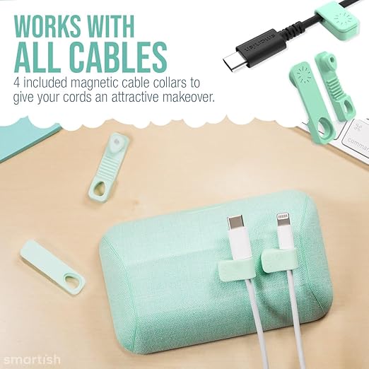 Smartish Magnetic Cord Holder - Bigger Cable Wrangler Organizer with Magnet Clips for Charger Management on Desktop, Nightstand, or Side Table - Holds 6+ Cables - Teal Me More