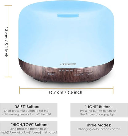 URPOWER 500ml Essential Oil Diffuser 5 in 1 Ultrasonic Aromatherapy Diffusers for Essential Oils Humidifier with Adjustable Mist Mode/4 Timer Settings and Waterless Auto Shut-Off for Large Room Yoga.