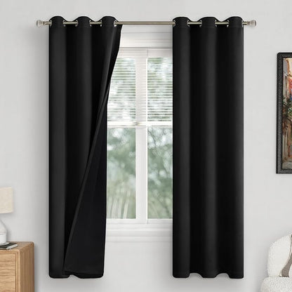 Black Blackout Curtains for Bedroom 72 Inch Length 2 Panels，Thermal Insulated 100% Light Blocking Soundproof Grommet Window Curtains for Living Room with Liner, Each 42 Inch Wide