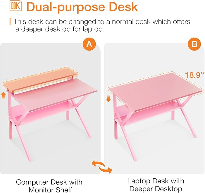 ODK Small Desk, 27.5 Inch Small Computer Desk for Small Spaces, Compact Desk with Storage, Tiny Desk Study Desk with Monitor Stand for Home Office, Pink