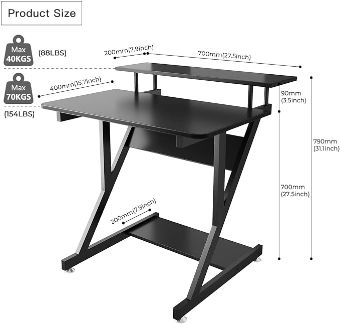 Dripex Computer Desk for Small Spaces, 27.5 inch Small Computer Desk, 3 Tier Compact Desk with Monitor Shelf and Bottom Storage Shelves, Space Saving Desk, Black